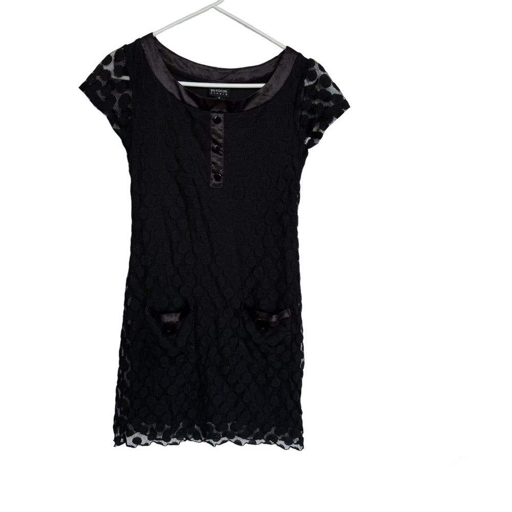 Enfocus Studio Black Polka Dot Mesh Layer Scoop Neck Dress & Front Pockets Sz: 6